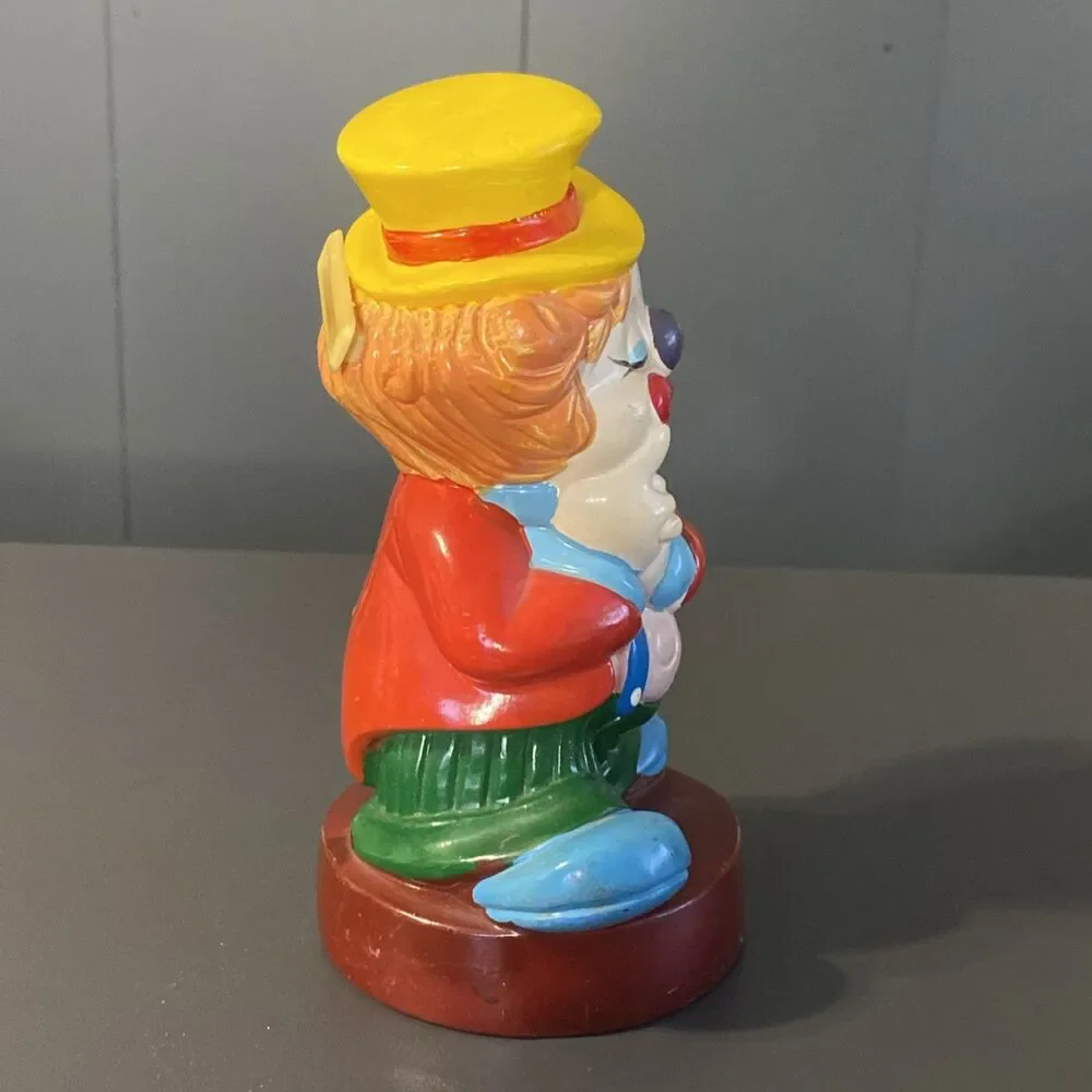 Vintage Clown Plastic Coin Piggy Bank Made in Taiwan 7” Tall Colorful Smiling
